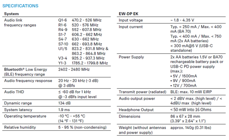 Sennheiser EW DP tech specs