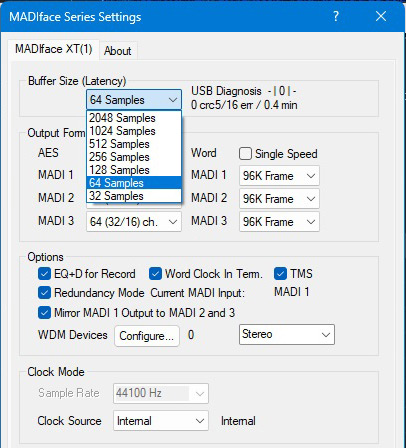 EE buffersize madfaceXT2 nuendo